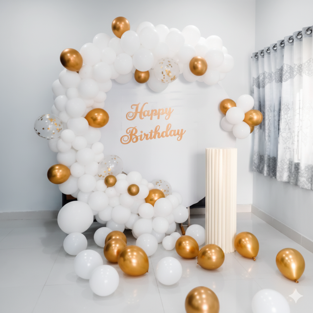 Gold and White Birthday Balloon Decor