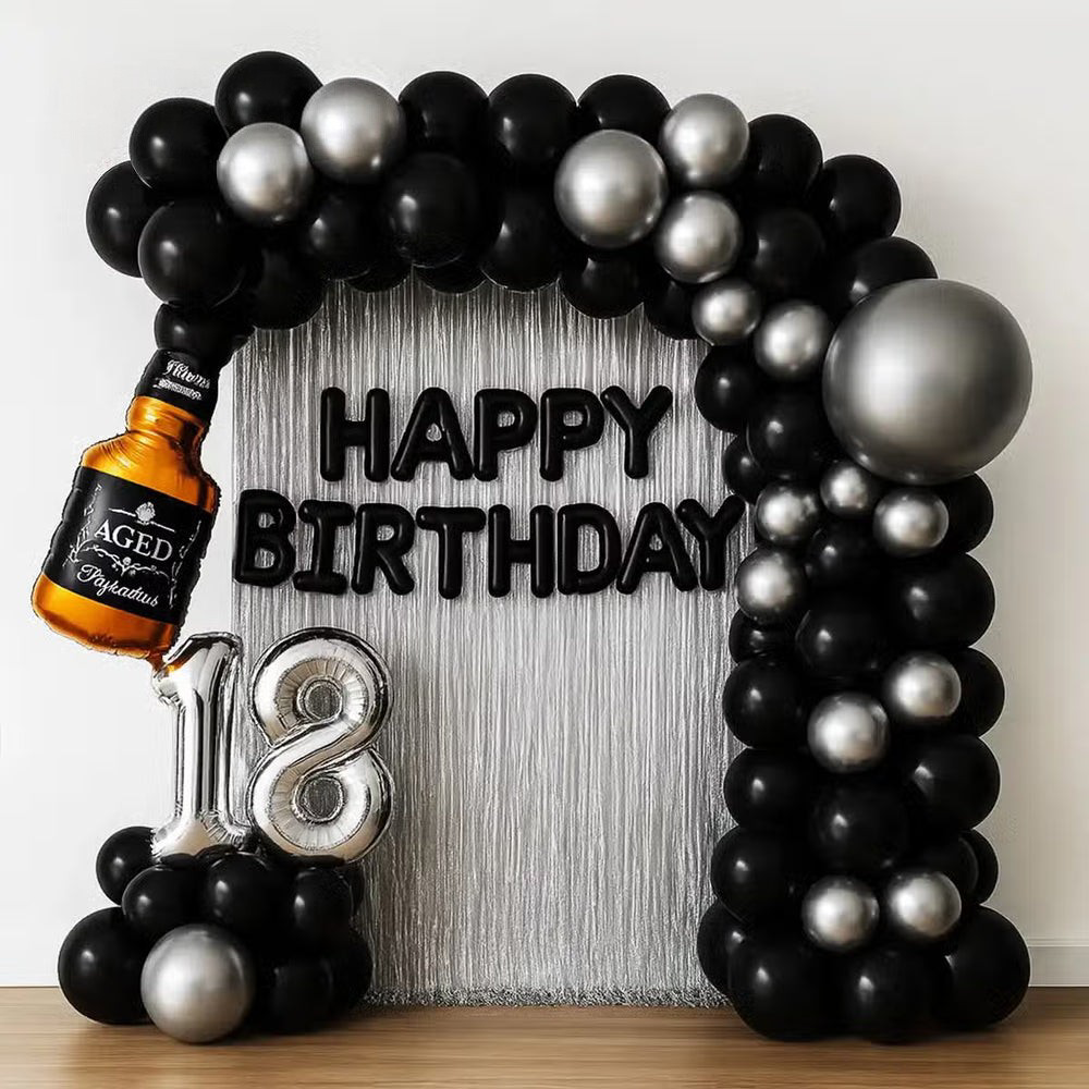 18th Birthday Black & Silver With Bottle Arch