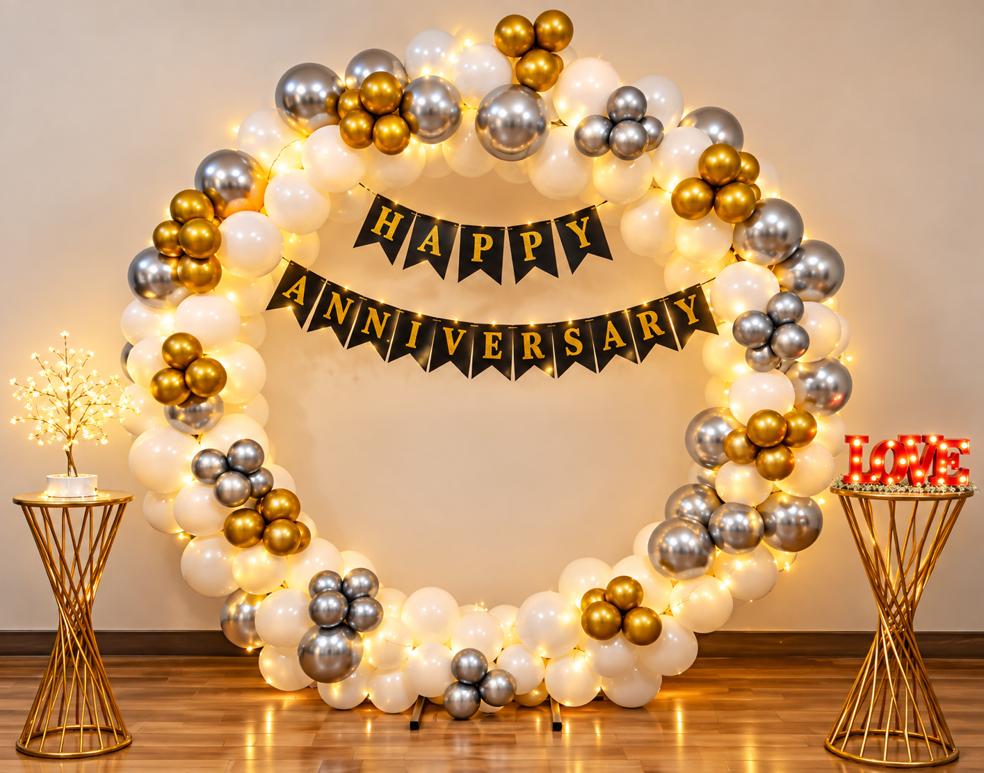 White Balloons Anniversary Ring Decoration with Silver and Gold Pop - Hyderabad