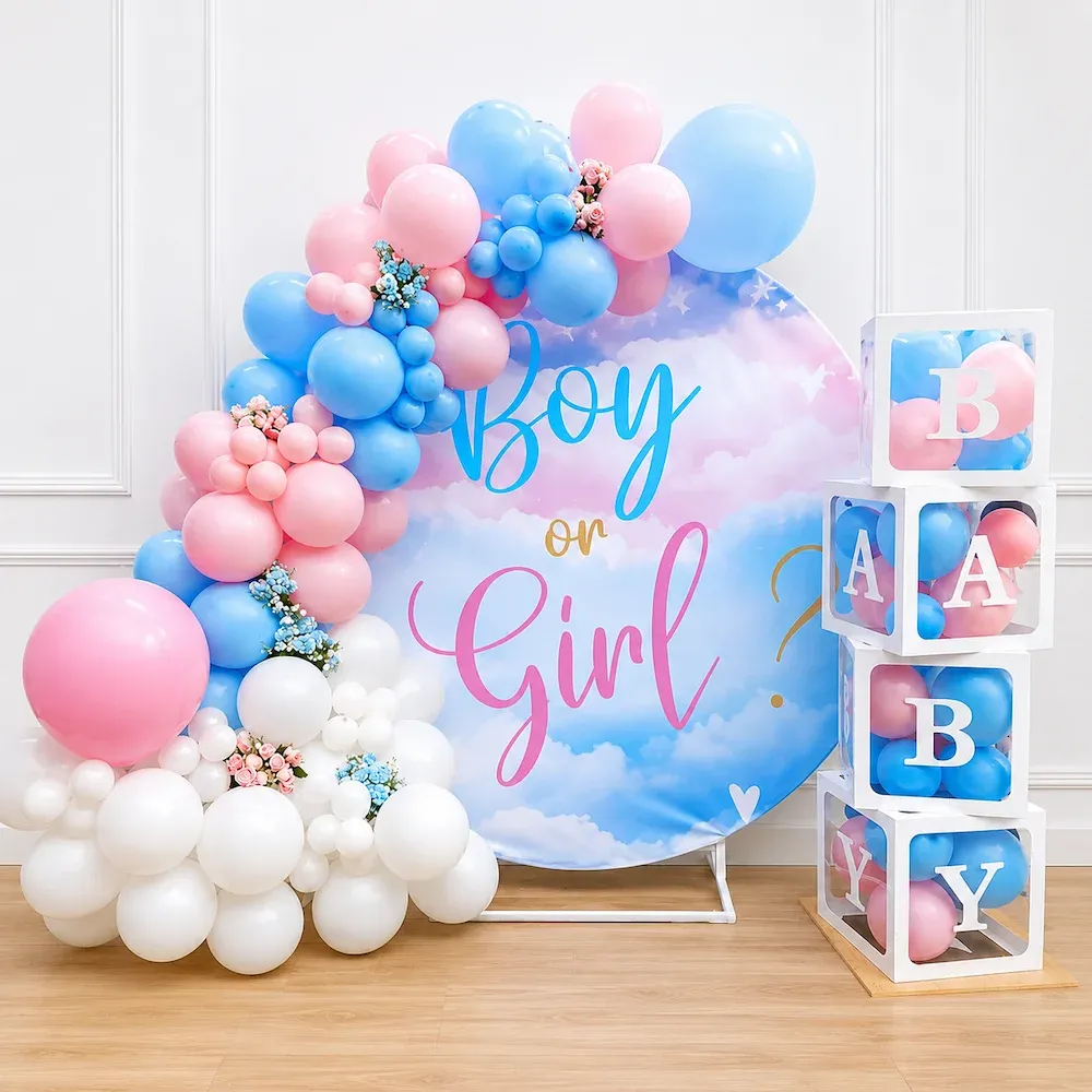 Gender Reveal Backdrop with Pink Blue Balloon Arch