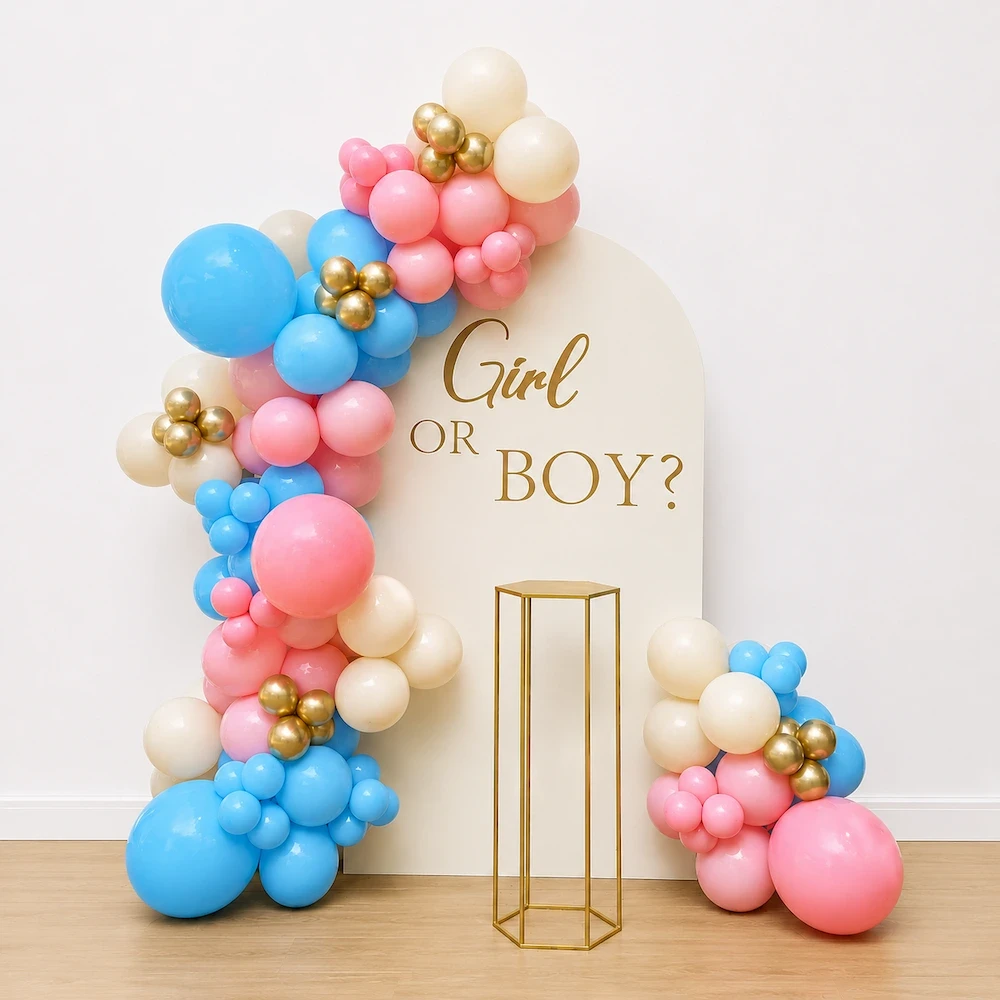 Gender Reveal Backdrop with Pink & Blue Balloon Arch