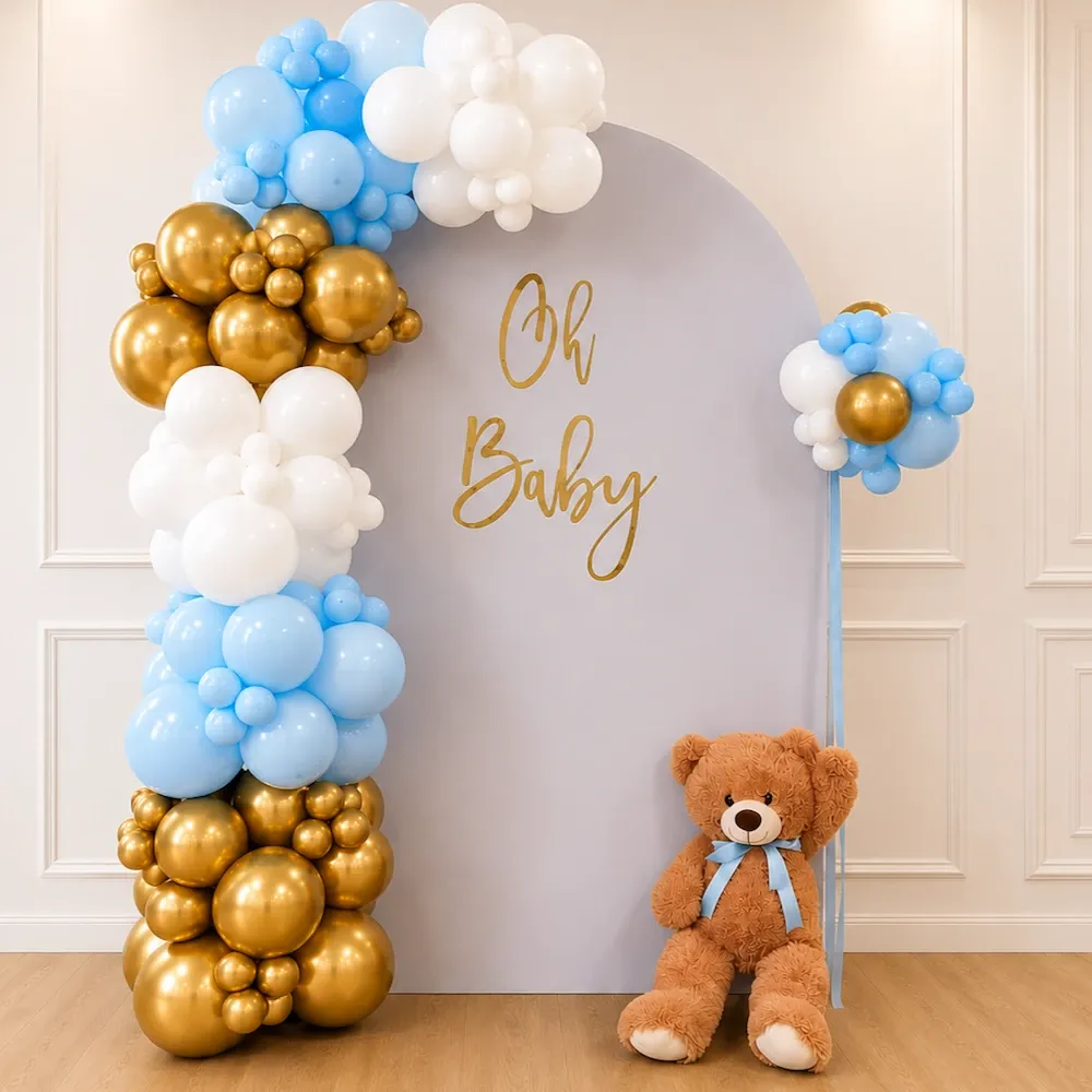 Modern Oh Baby Party Backdrop with Blue Balloon Arch