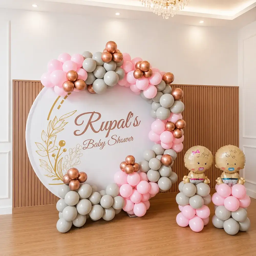 Premium Baby Shower Balloon Decoration with Pink & Grey Round Backdrop