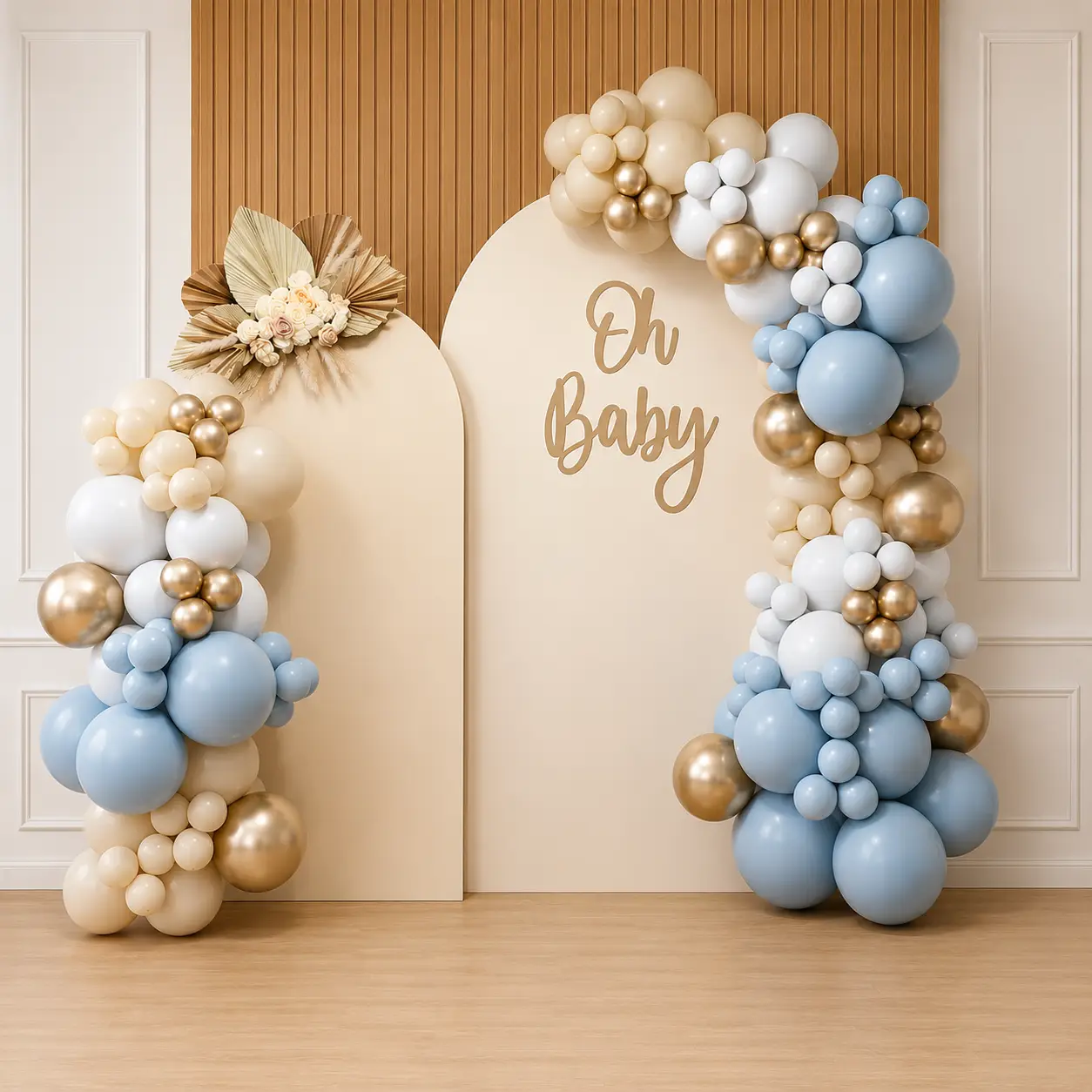 Elegant Oh Baby Balloon Decoration with Blue & Gold Arch Backdrop