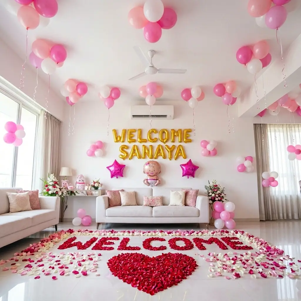 Pink Theme Baby Welcome Decor with Flowers