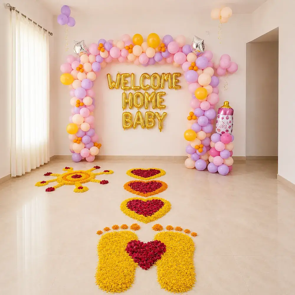 Welcome Baby Girl Decoration with Pastel Balloon Arch and Flower