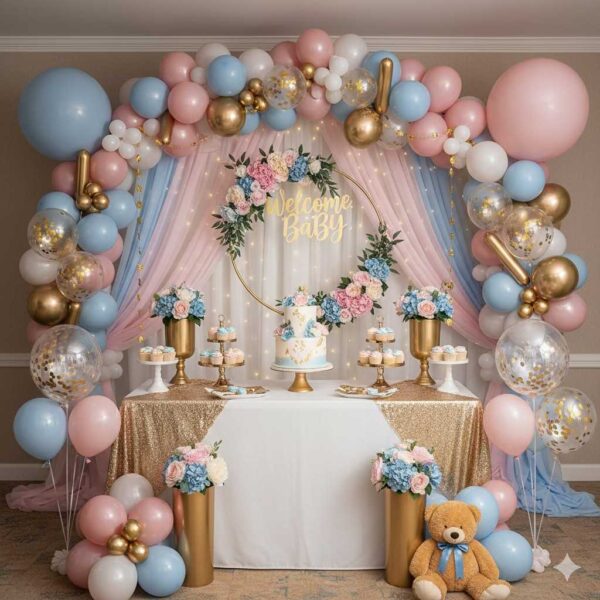 Golden-Pink and Blue Baby Shower Decor - Image 9