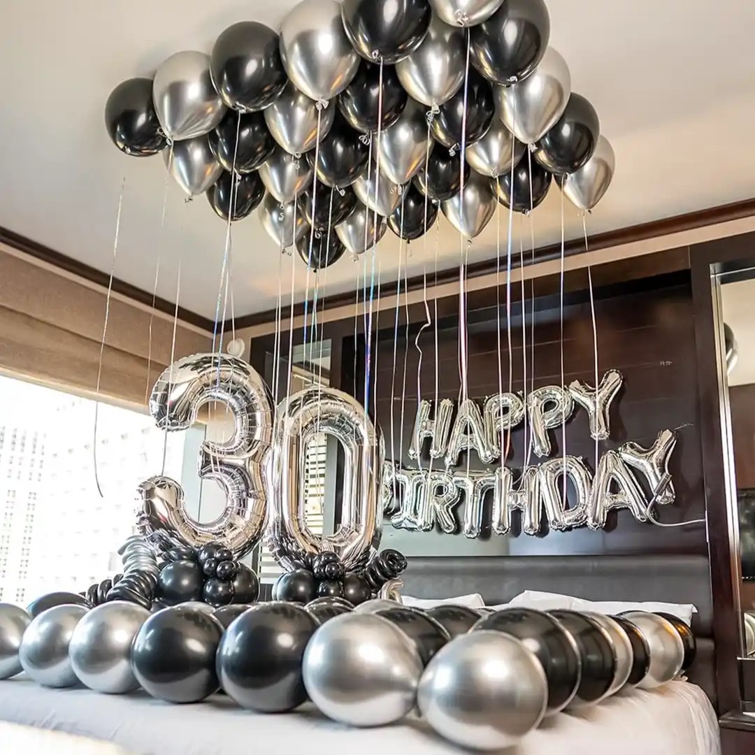 Silver and Black Theme Birthday Room Decor